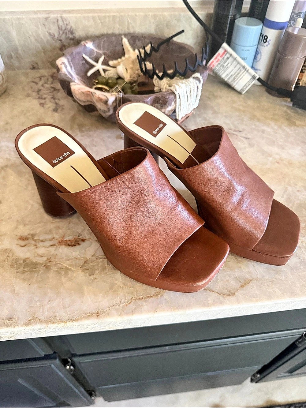 Dolce Vita Open Toe Block Heel Mules in Brown US 9.5